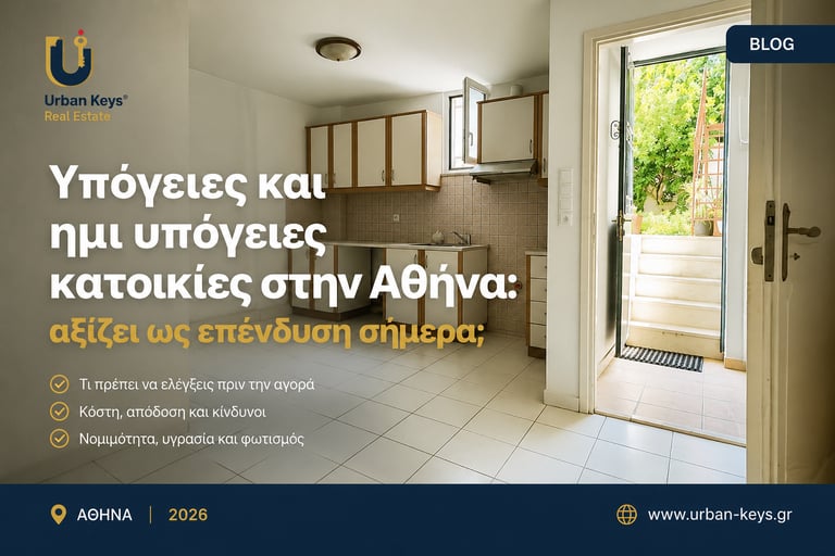 Ημιυπόγεια κατοικία στην Αθήνα ως επενδυτική επιλογή, με φυσικό φως, κουζίνα και πρόσβαση σε εξωτερικό χώρο