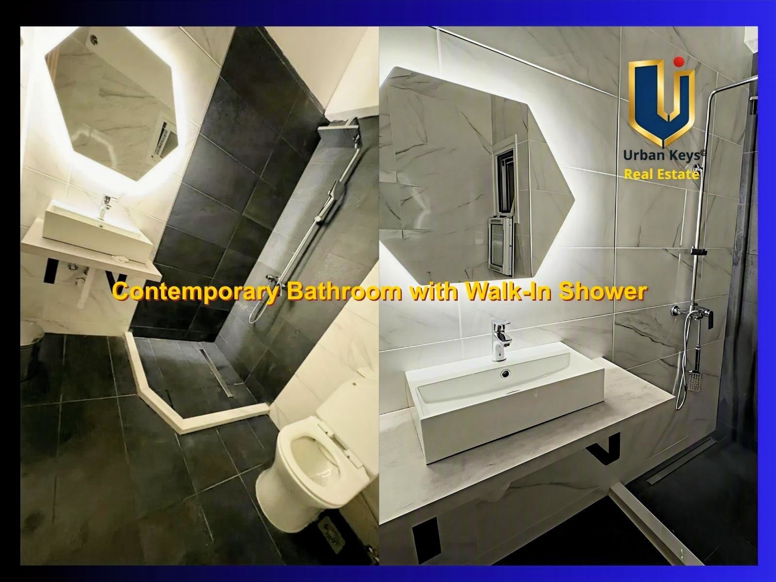 Contemporary Bathroom with Walk-In Shower – Athens Apartment Contemporary renovated bathroom with walk-in shower in furnished apartment for rent in central Athens