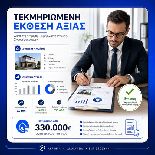 Τεκμηριωμένη έκθεση αξίας ακινήτου από πιστοποιημένο εκτιμητή με στοιχεία ακινήτου, γραφήματα και τελική αξιολόγηση