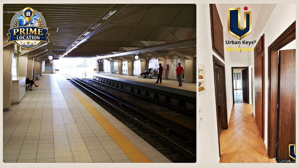 Κολάζ με τον σταθμό ΗΣΑΠ Κάτω Πατήσια και τον εσωτερικό διάδρομο του ανακαινισμένου διαμερίσματος 150-1069.
